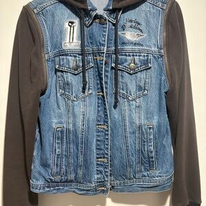 Harley Davidson Denim Jacket with Grey Detachable Hood and Sleeves